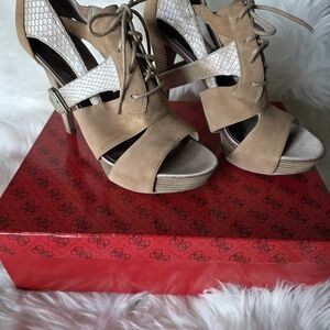 Guess Tan and Cream Lace-Up Heels